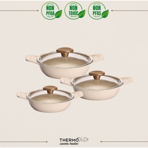 Thermoad Döküm Saplı Güveç Sahan Set | 6 Parça | Vizon |18cm-20cm-22cm
